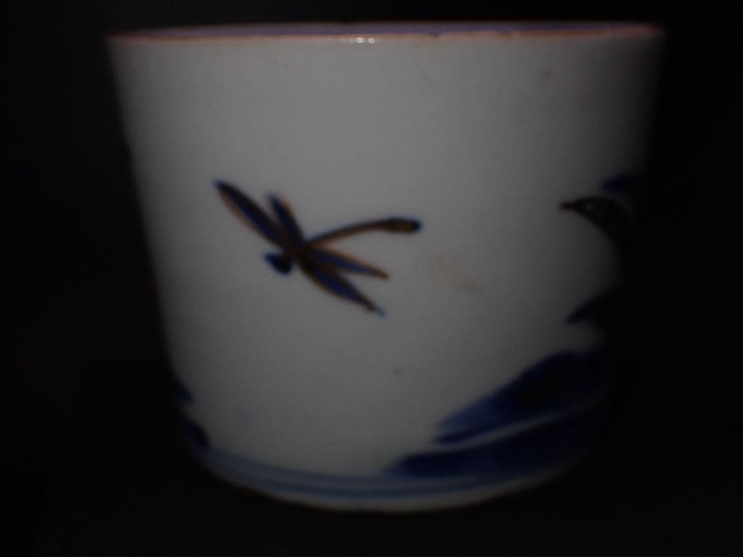 【完品】 古伊万里 そば猪口 あやめにトンボの図 蛇の目高台 骨董品 (青24)