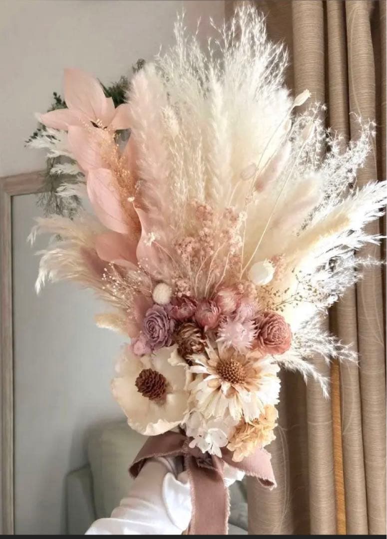 ウェディングブーケ ブートニア付き くすみピンク ドライフラワーブーケ 前撮り