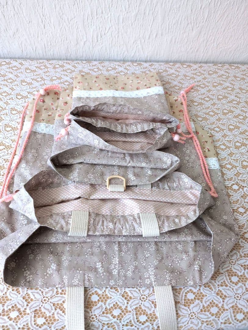 入学入園6点セット、ベージュ花柄、レッスンバック☆上履き袋☆体操着袋、お弁当袋