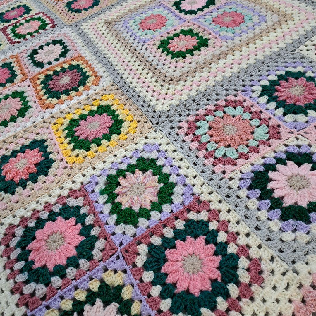 (159)グラニースクエア手編みブランケット★125角★値下げ★