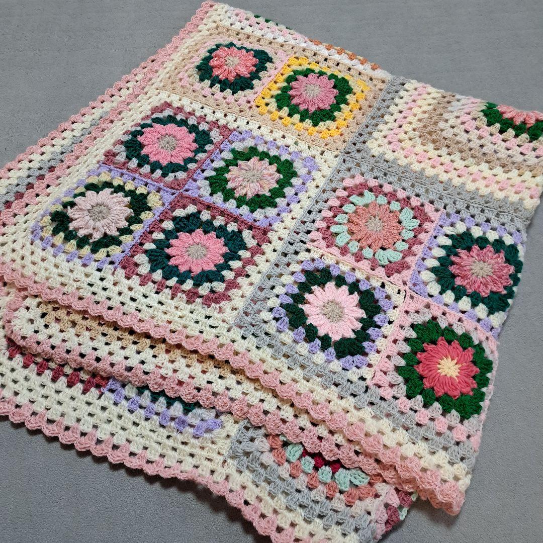 (159)グラニースクエア手編みブランケット★125角★値下げ★