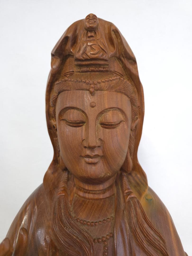 M▽李成桂 緑檀 一木彫り 龍上如意観音像 観音菩薩 (38207)