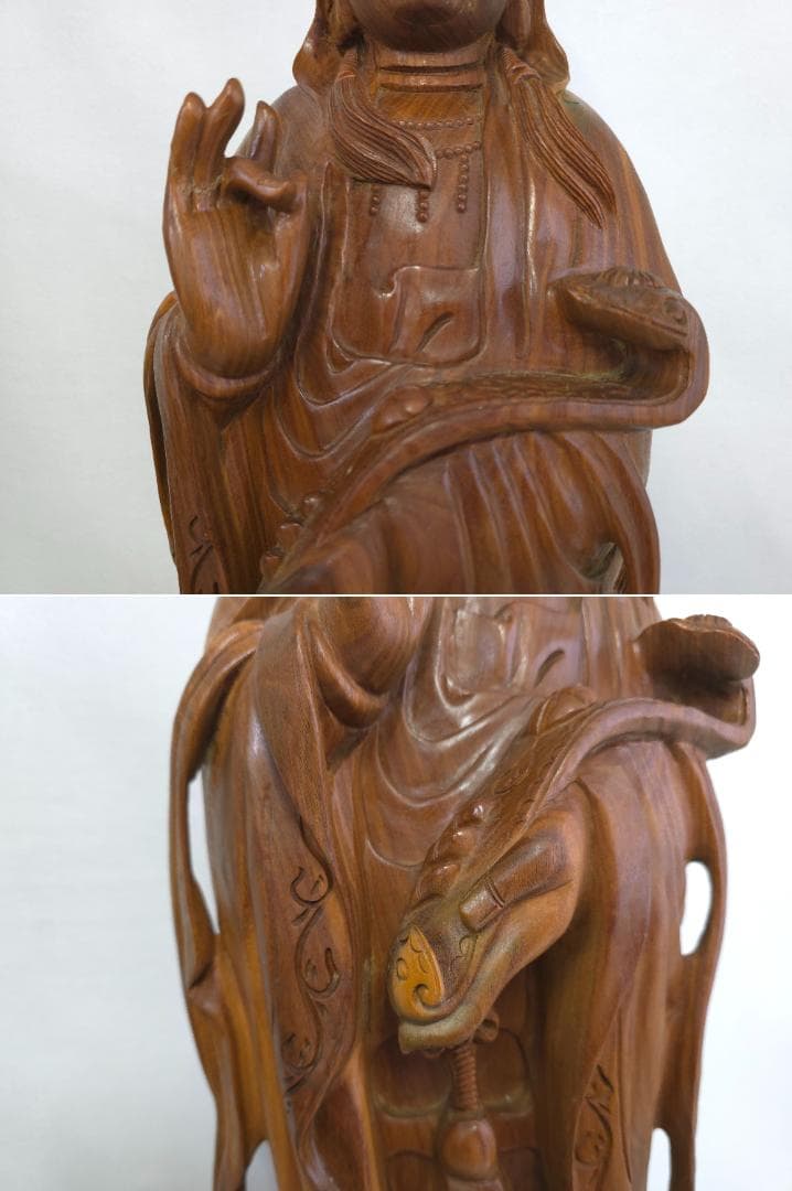 M▽李成桂 緑檀 一木彫り 龍上如意観音像 観音菩薩 (38207)
