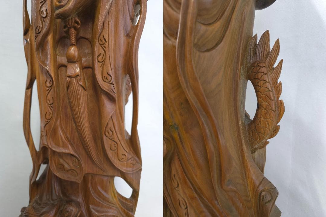 M▽李成桂 緑檀 一木彫り 龍上如意観音像 観音菩薩 (38207)