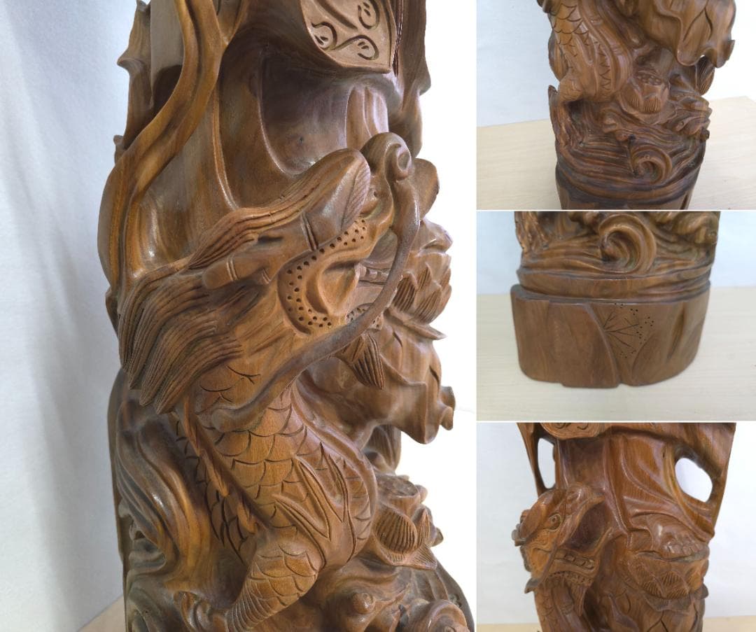 M▽李成桂 緑檀 一木彫り 龍上如意観音像 観音菩薩 (38207)