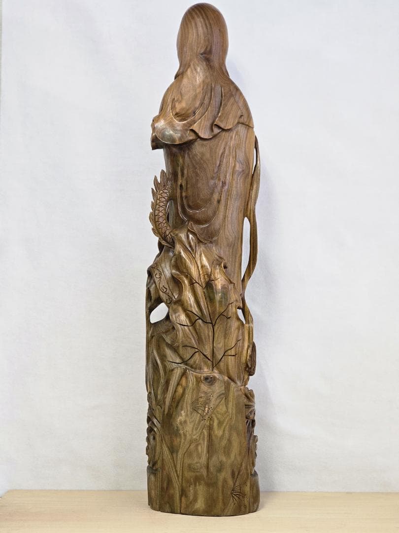 M▽李成桂 緑檀 一木彫り 龍上如意観音像 観音菩薩 (38207)