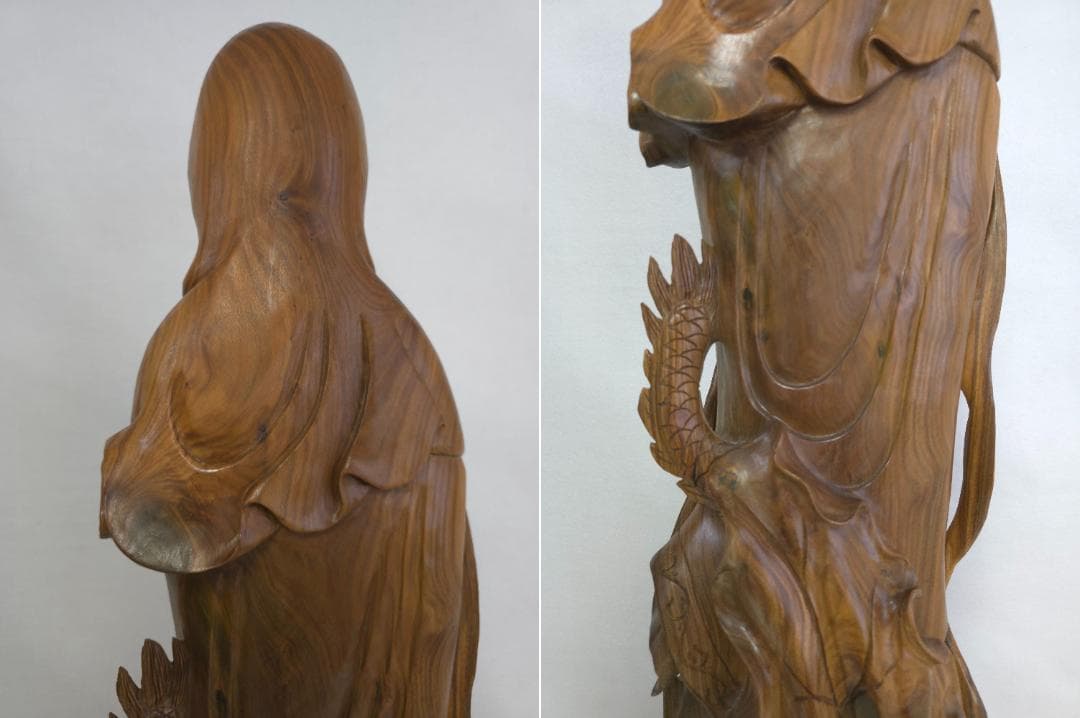 M▽李成桂 緑檀 一木彫り 龍上如意観音像 観音菩薩 (38207)