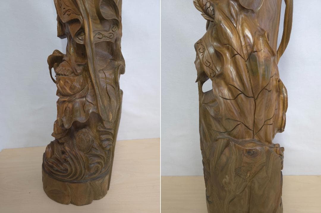 M▽李成桂 緑檀 一木彫り 龍上如意観音像 観音菩薩 (38207)