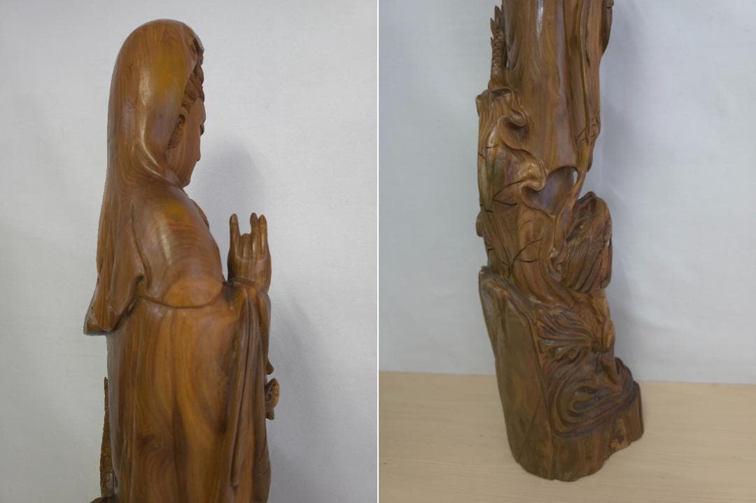 M▽李成桂 緑檀 一木彫り 龍上如意観音像 観音菩薩 (38207)