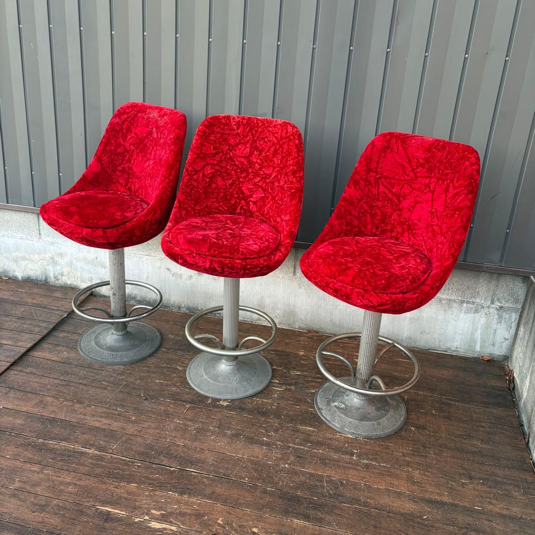 ②昭和レトロ 回転式バーチェア ベロア 赤 ビンテージ スナック椅子 ベルベット