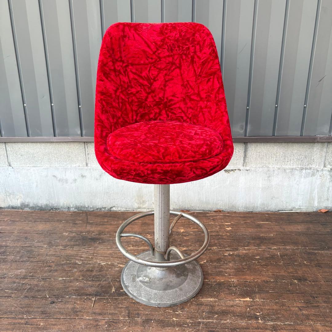 ②昭和レトロ 回転式バーチェア ベロア 赤 ビンテージ スナック椅子 ベルベット