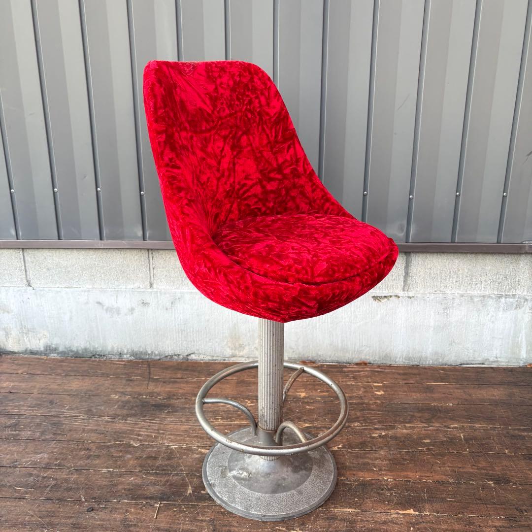 ②昭和レトロ 回転式バーチェア ベロア 赤 ビンテージ スナック椅子 ベルベット