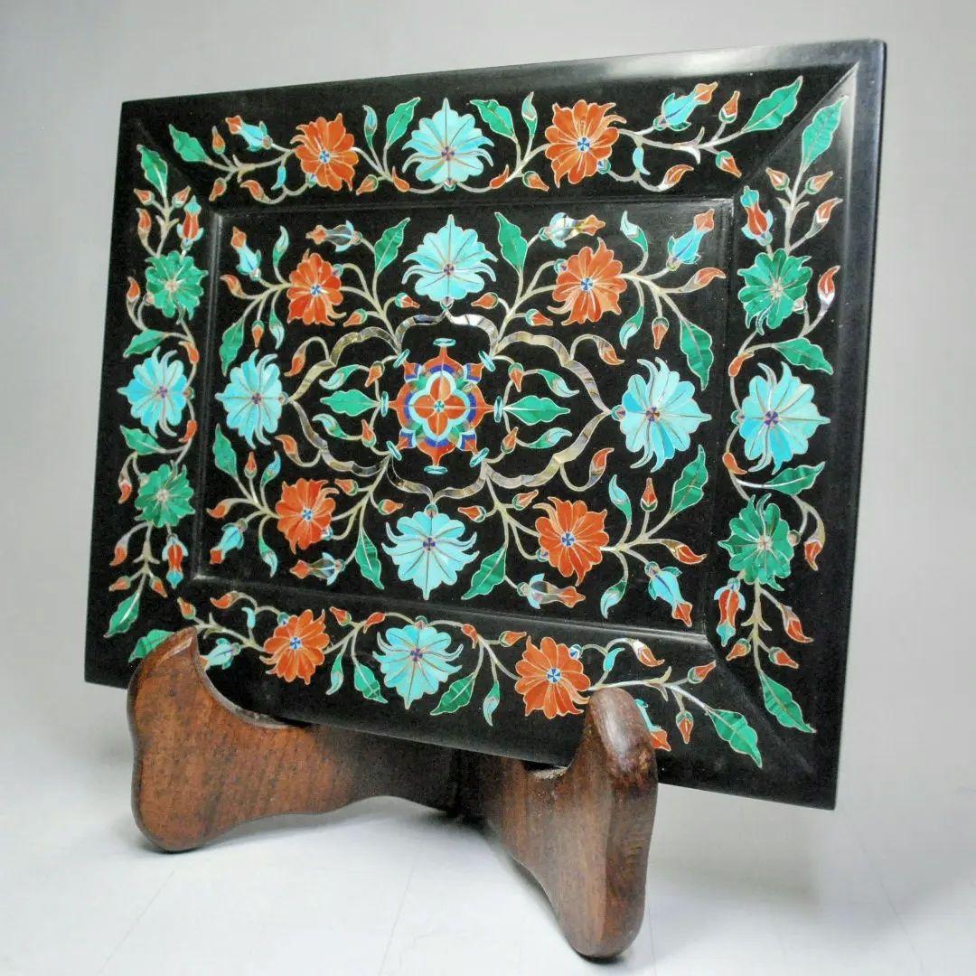 黒大理石　象嵌細工　トレー　black marble inlay tray