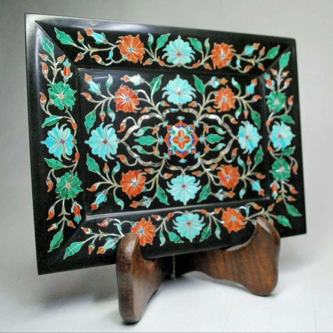 黒大理石　象嵌細工　トレー　black marble inlay tray