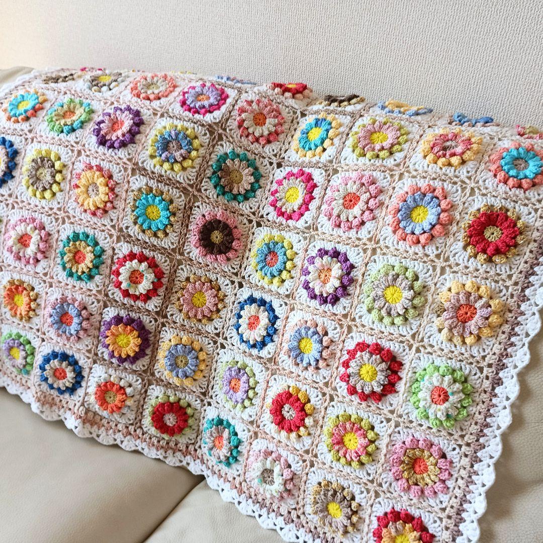 お花の手編みブランケット★カラフル★かぎ針編み★お花モチーフ★コットン