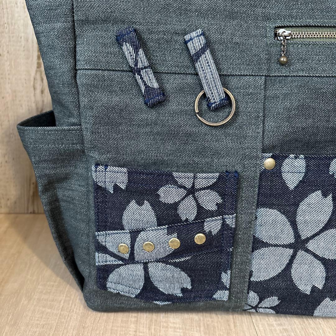 ルシア　デニムトートバッグ　グリーン　ネイビー　桜柄　【新品デニム】