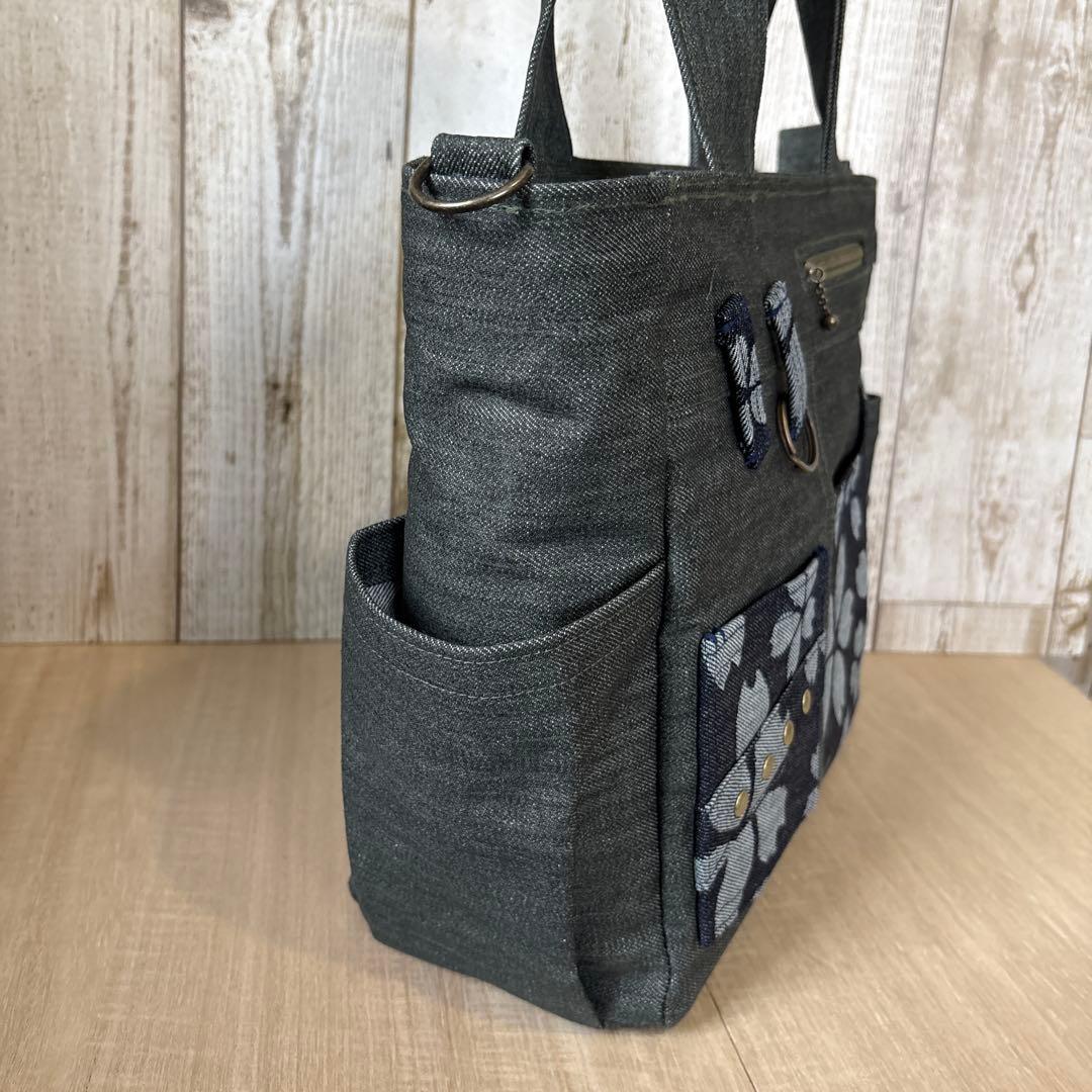 ルシア　デニムトートバッグ　グリーン　ネイビー　桜柄　【新品デニム】