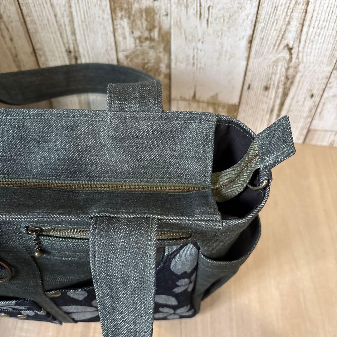 ルシア　デニムトートバッグ　グリーン　ネイビー　桜柄　【新品デニム】
