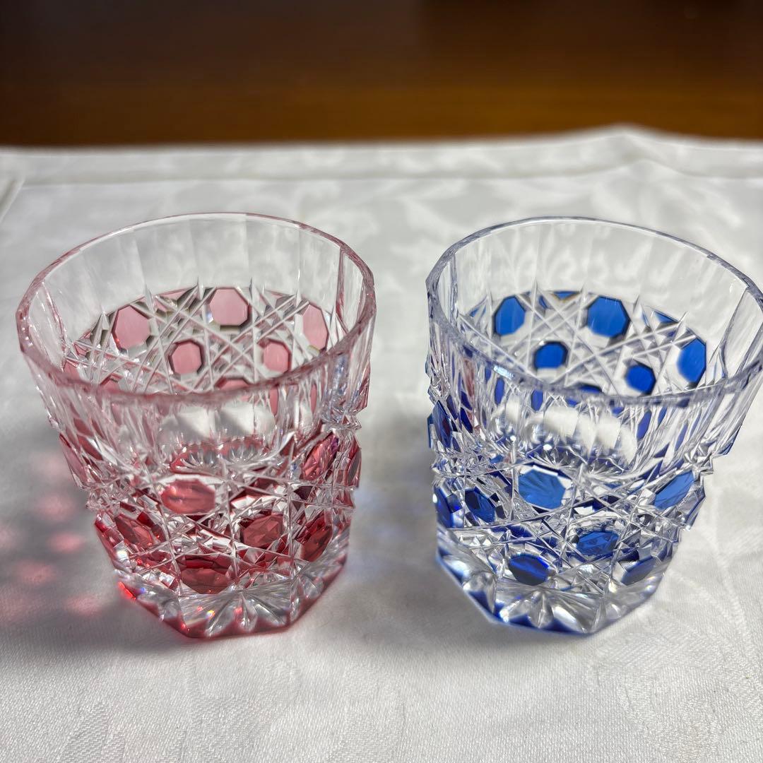 HOYAクリスタル　色被切子　冷酒グラス赤青 ペアグラス 2個セット