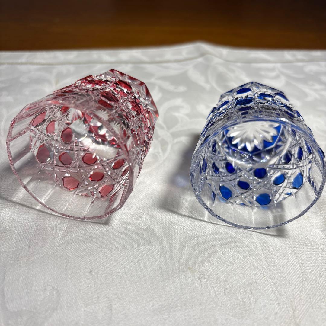 HOYAクリスタル　色被切子　冷酒グラス赤青 ペアグラス 2個セット