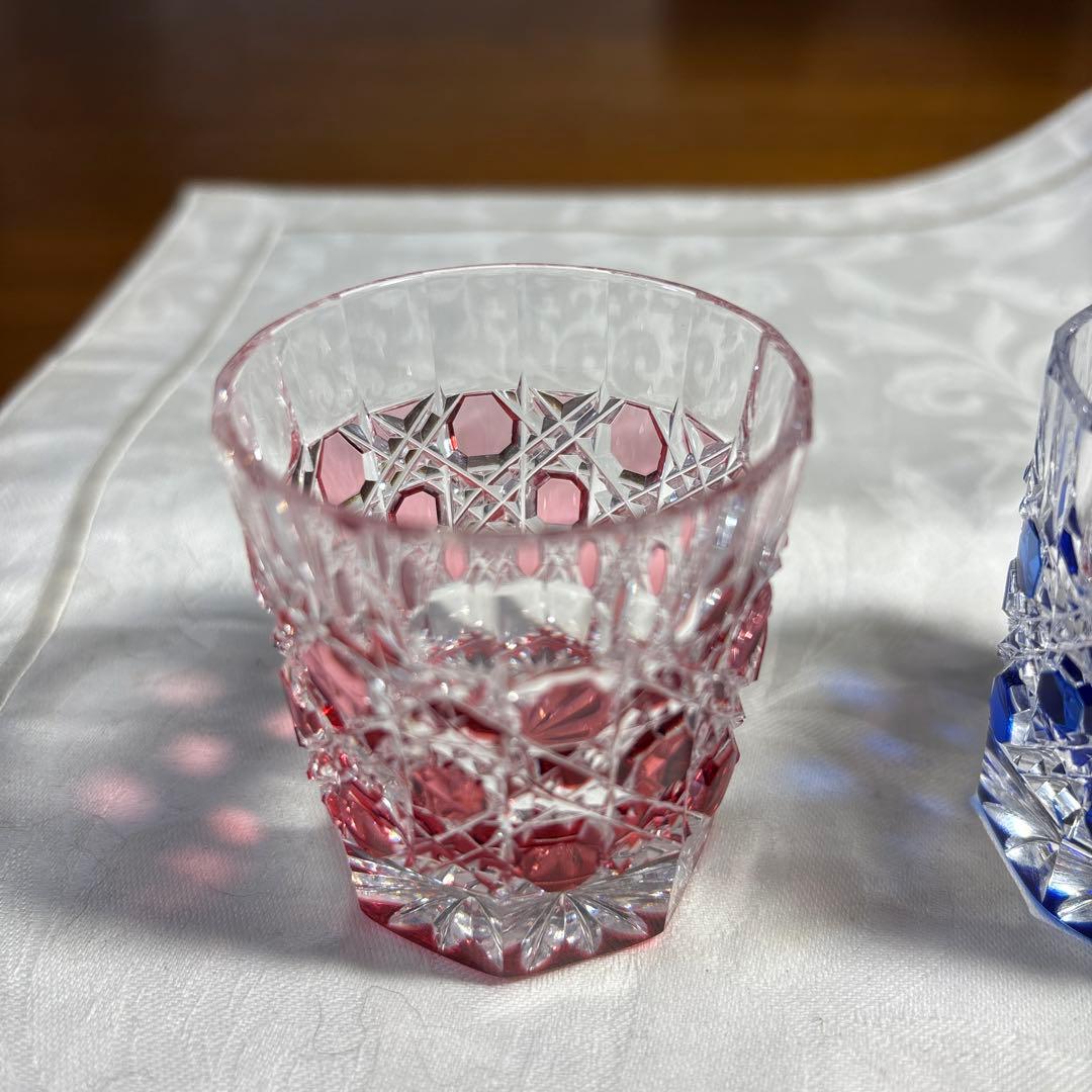 HOYAクリスタル　色被切子　冷酒グラス赤青 ペアグラス 2個セット