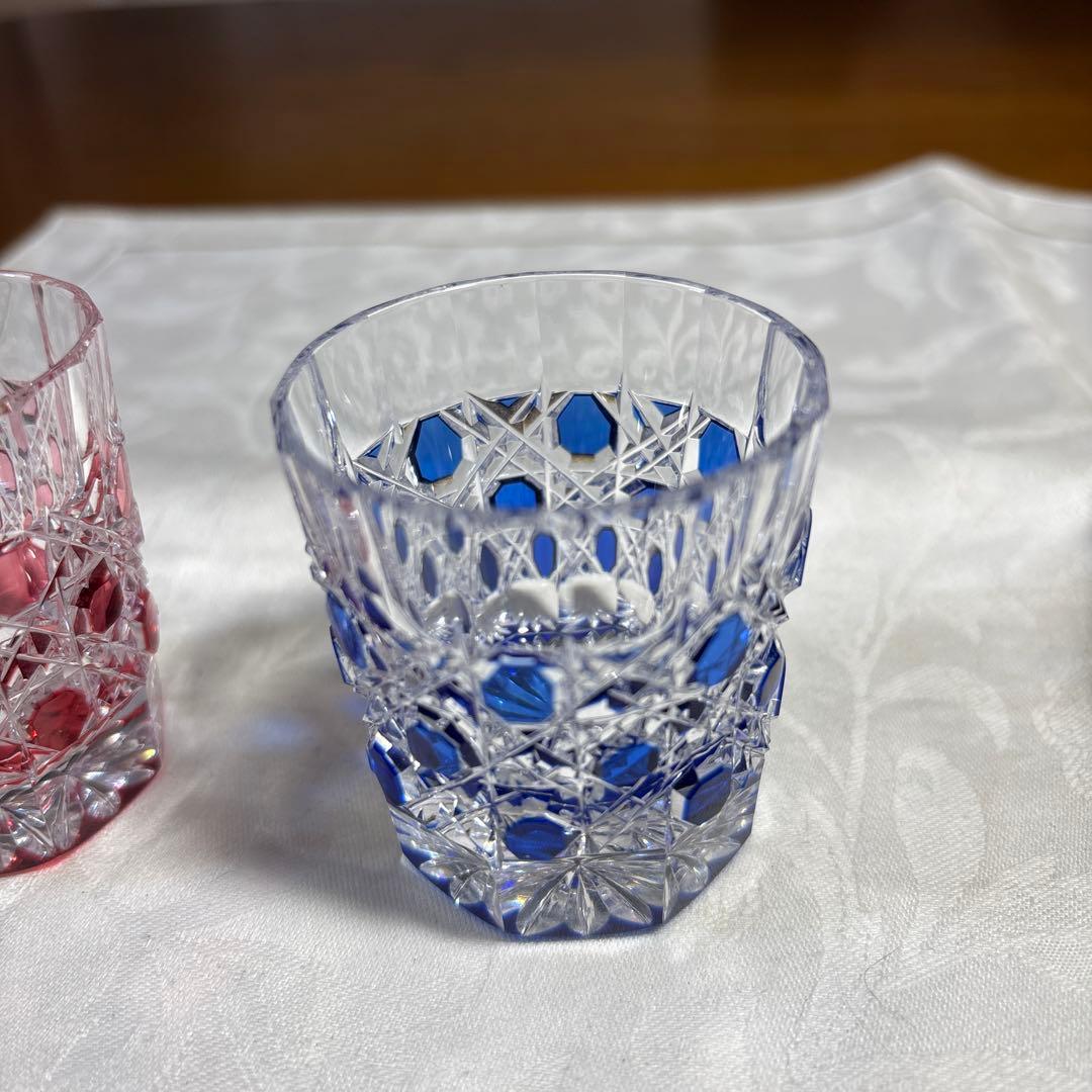 HOYAクリスタル　色被切子　冷酒グラス赤青 ペアグラス 2個セット