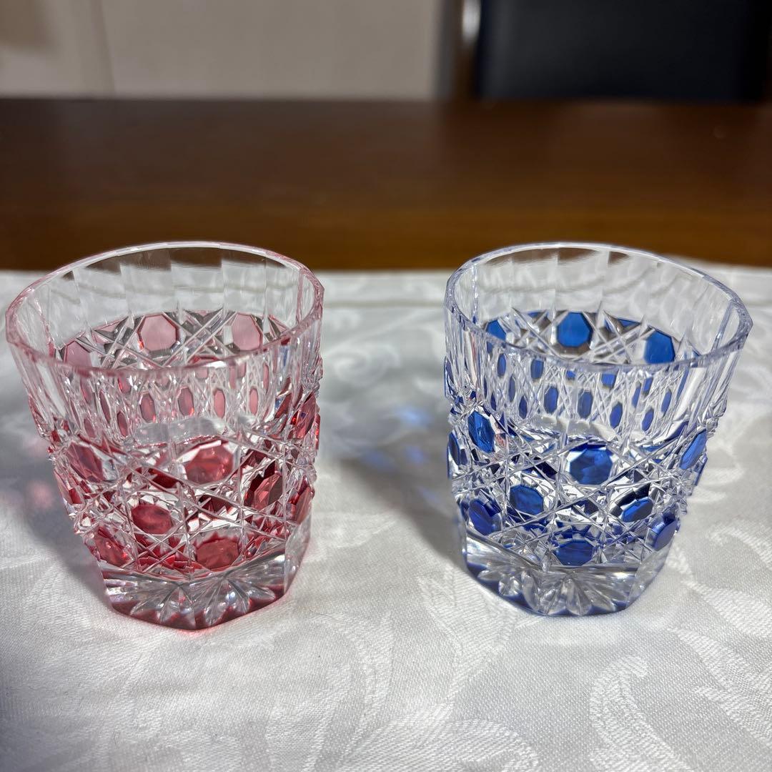 HOYAクリスタル　色被切子　冷酒グラス赤青 ペアグラス 2個セット