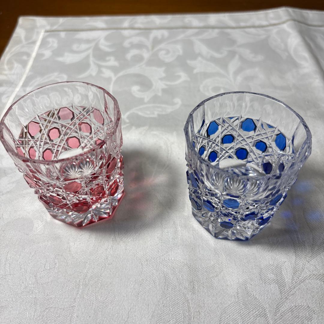 HOYAクリスタル　色被切子　冷酒グラス赤青 ペアグラス 2個セット