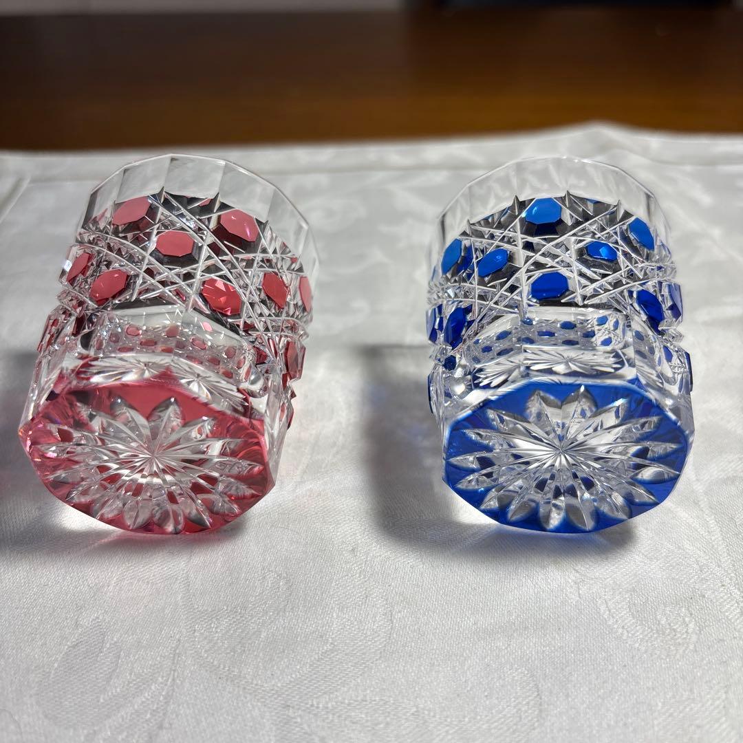 HOYAクリスタル　色被切子　冷酒グラス赤青 ペアグラス 2個セット