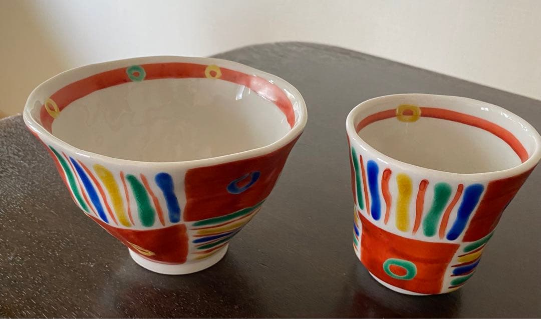 九谷美陶園　飯碗（大）・湯呑みセット（手起こしメキシカン文様）
