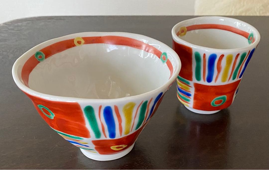 九谷美陶園　飯碗（大）・湯呑みセット（手起こしメキシカン文様）