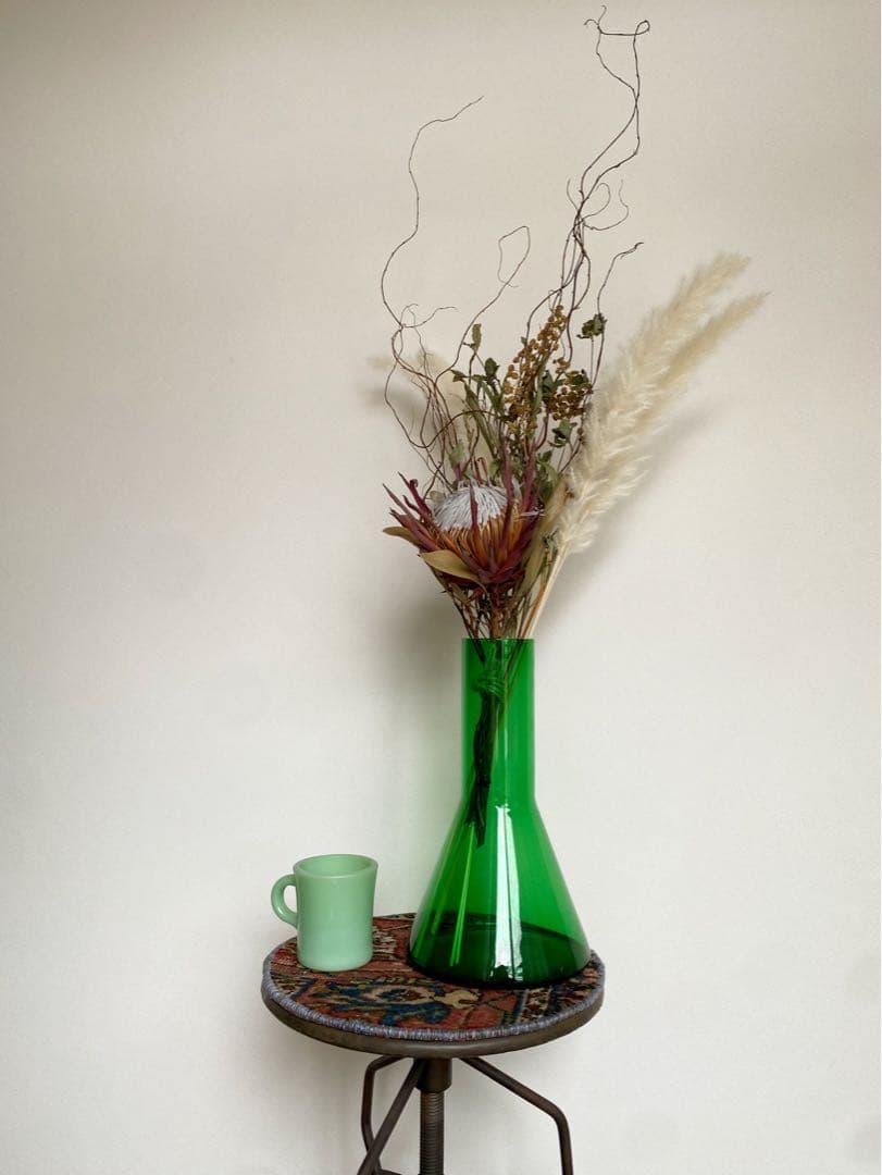 ビンテージ 花瓶 フラスコ 緑 グリーン ガラス フラワーベース 希少