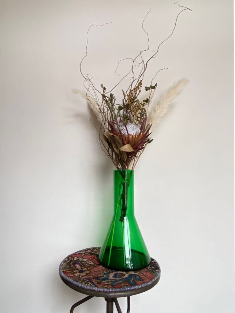 ビンテージ 花瓶 フラスコ 緑 グリーン ガラス フラワーベース 希少