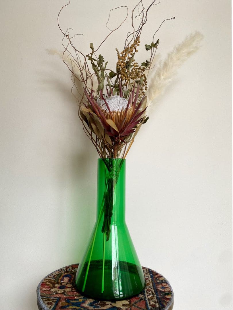 ビンテージ 花瓶 フラスコ 緑 グリーン ガラス フラワーベース 希少