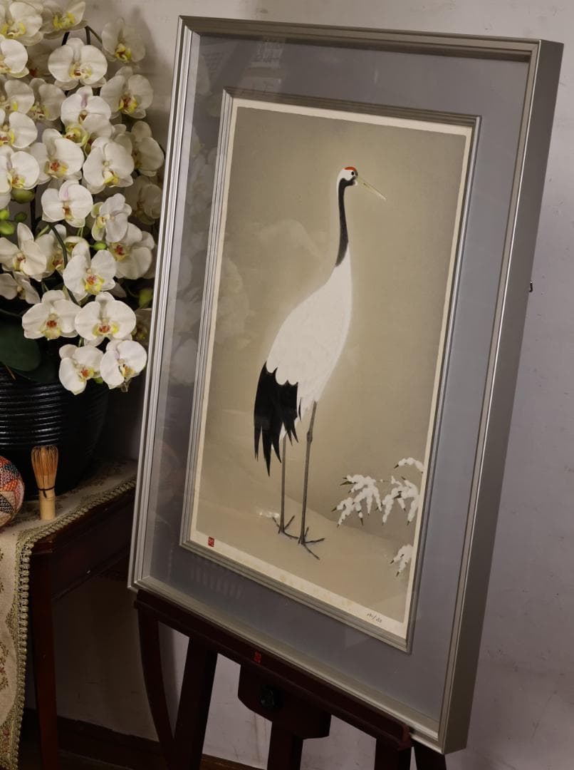 【真作】 上村松篁　丹頂 一対　182/250　タトウ付　木版画　絵画 額装 鶴
