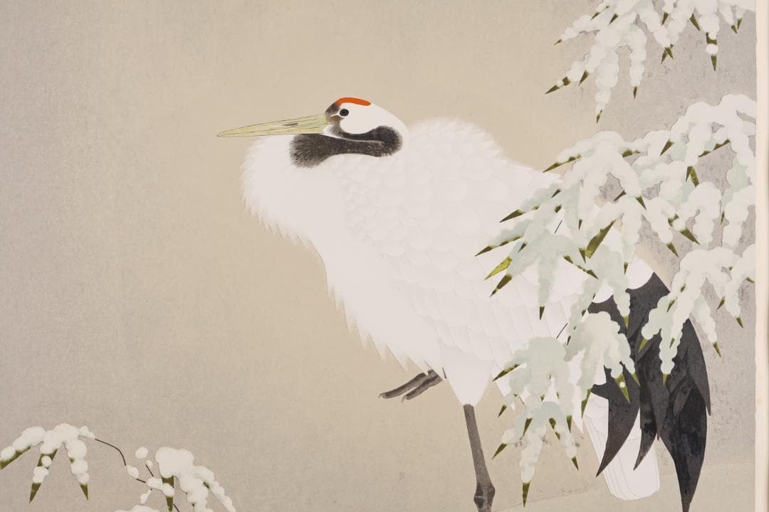 【真作】 上村松篁　丹頂 一対　182/250　タトウ付　木版画　絵画 額装 鶴