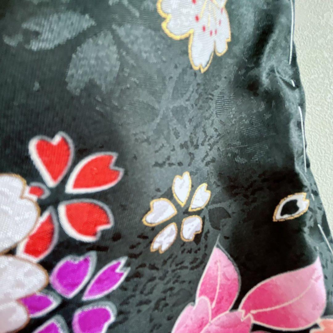 セット　七五三　３歳女の子　長着＆被布＆長襦袢＆小物　黒地　桜　地紋　うさぎ