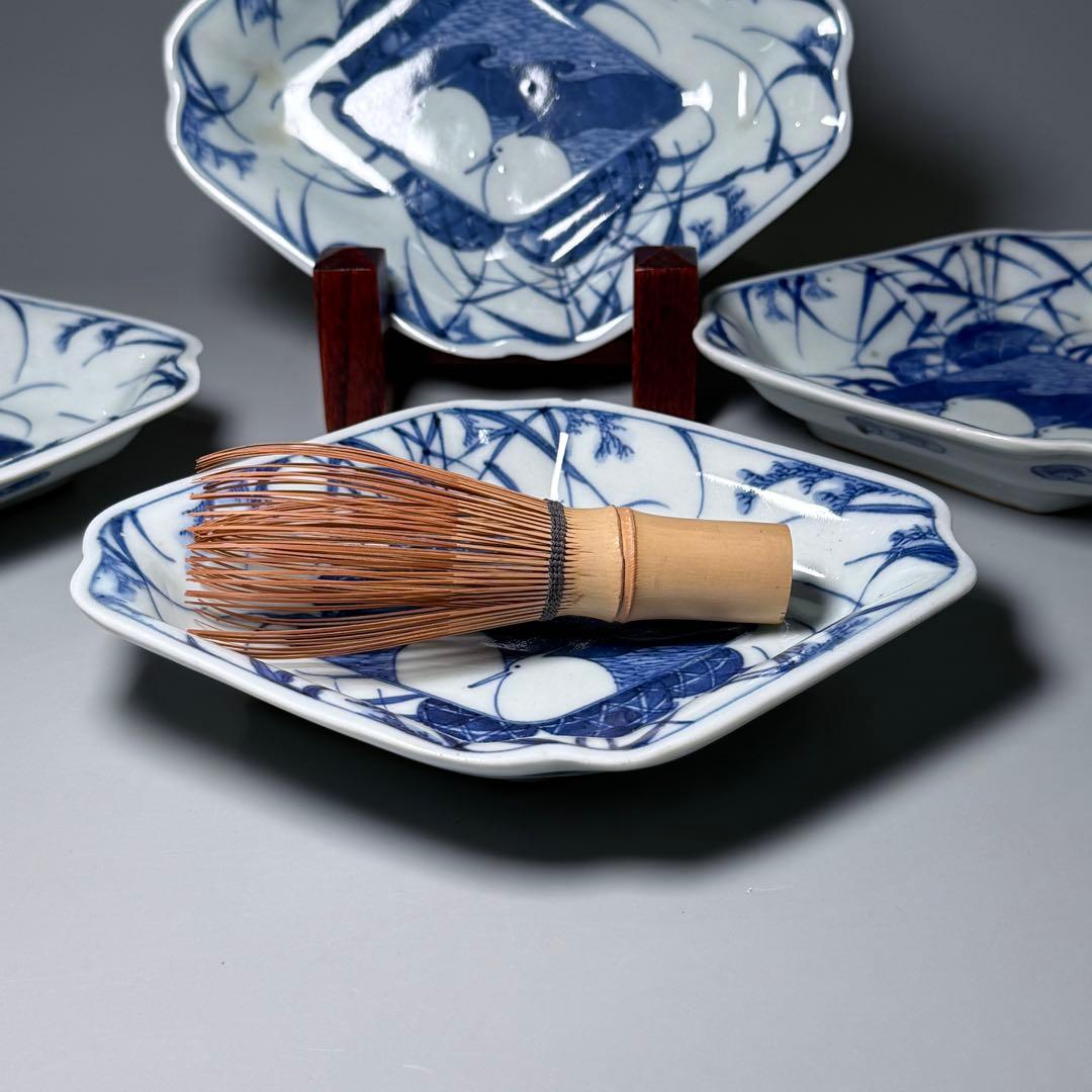 古伊万里　染付白鷺文様変形皿　五客　初出　料理屋　古器を楽しむ