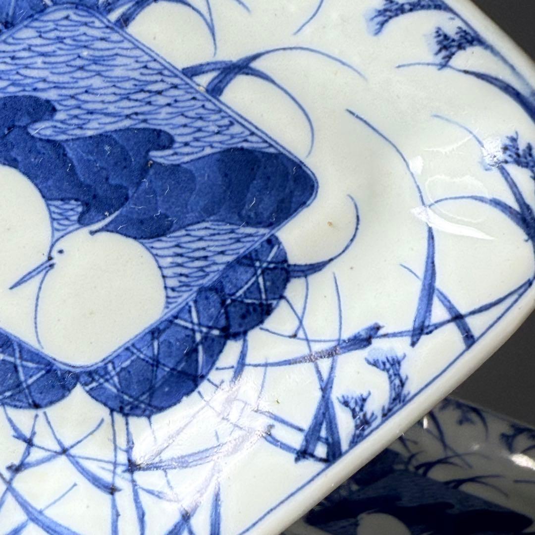 古伊万里　染付白鷺文様変形皿　五客　初出　料理屋　古器を楽しむ