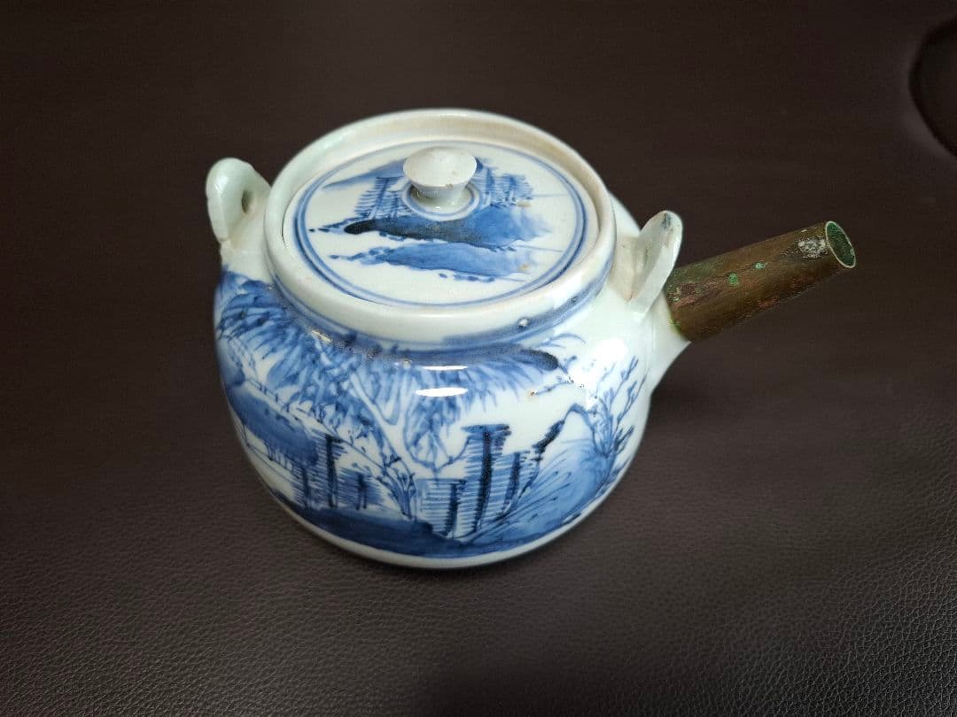 幕末　仙台藩御用窯　切込焼　染付山水文急須　希少