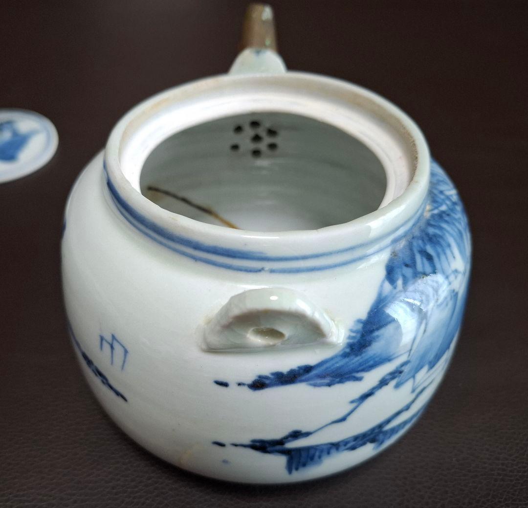 幕末　仙台藩御用窯　切込焼　染付山水文急須　希少