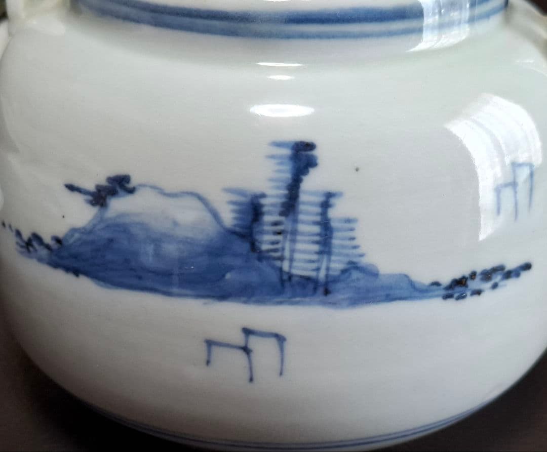 幕末　仙台藩御用窯　切込焼　染付山水文急須　希少