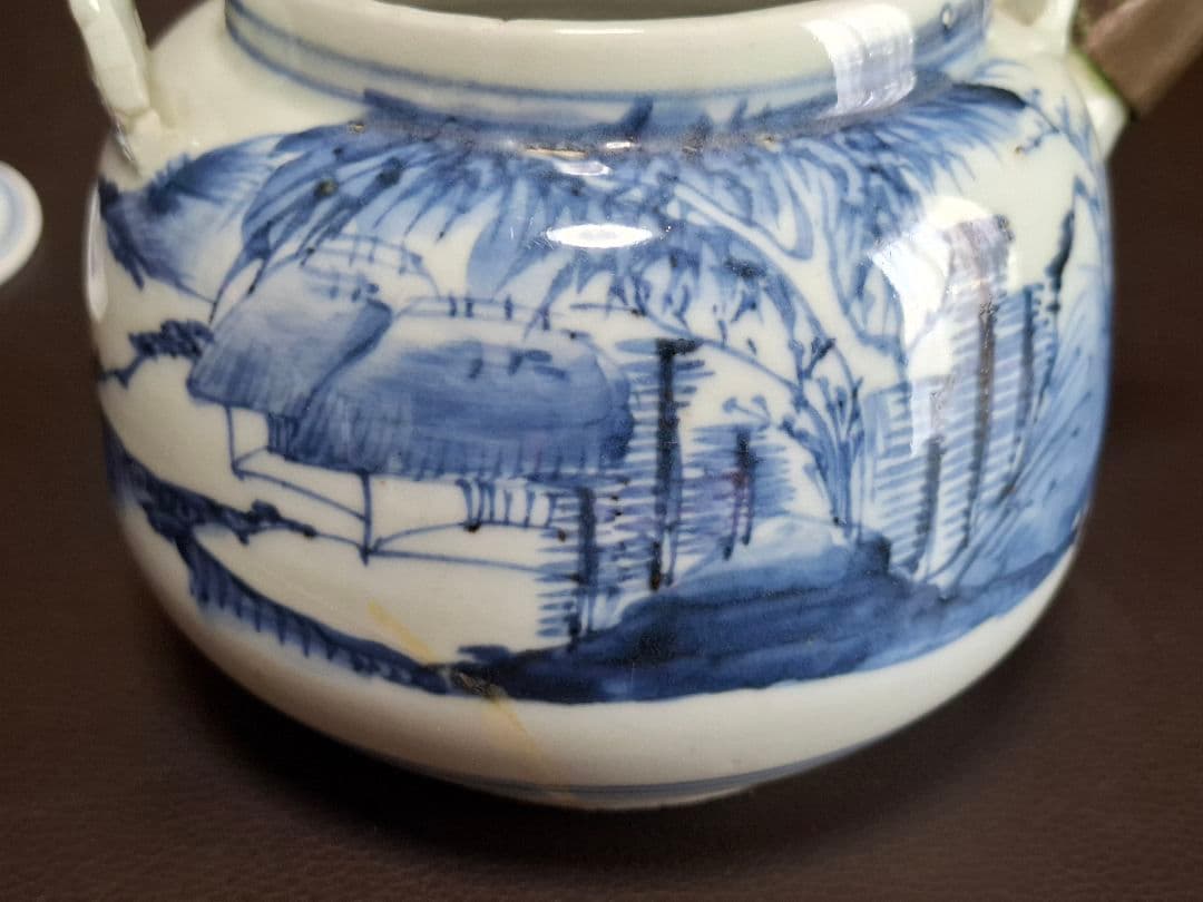 幕末　仙台藩御用窯　切込焼　染付山水文急須　希少