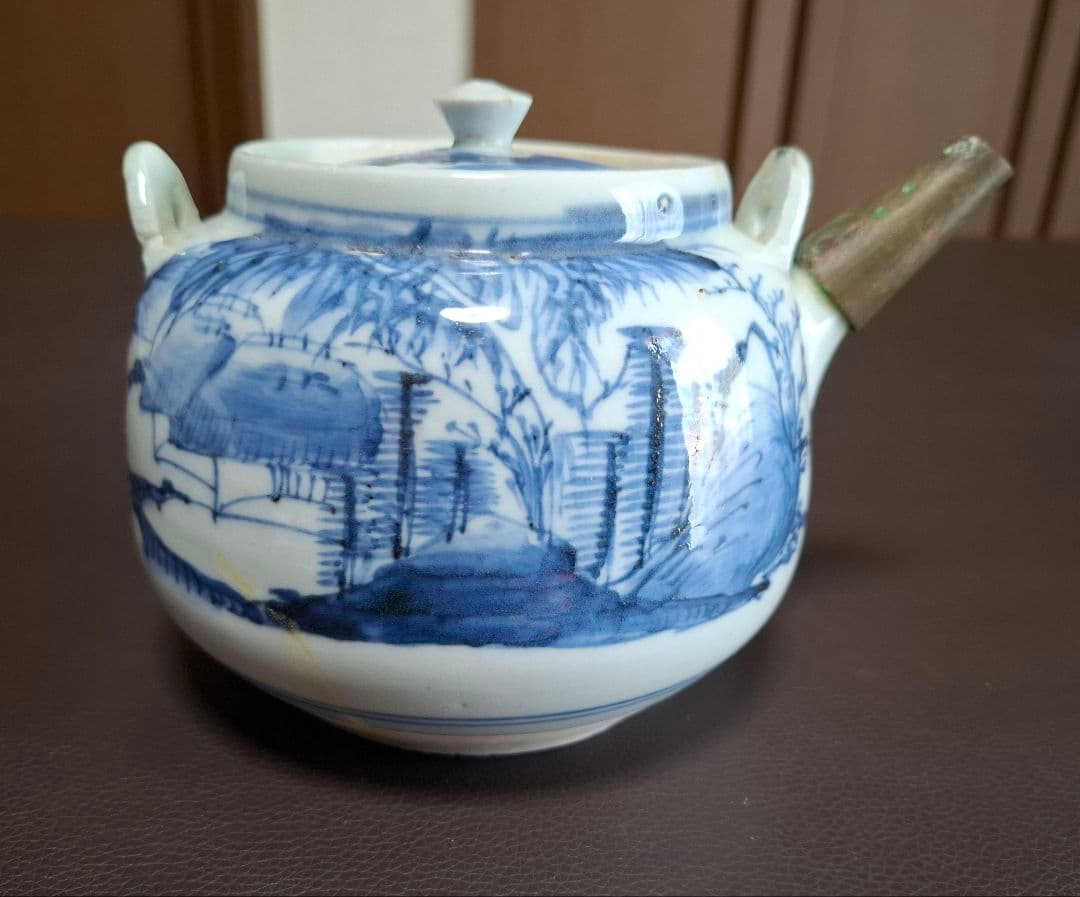 幕末　仙台藩御用窯　切込焼　染付山水文急須　希少