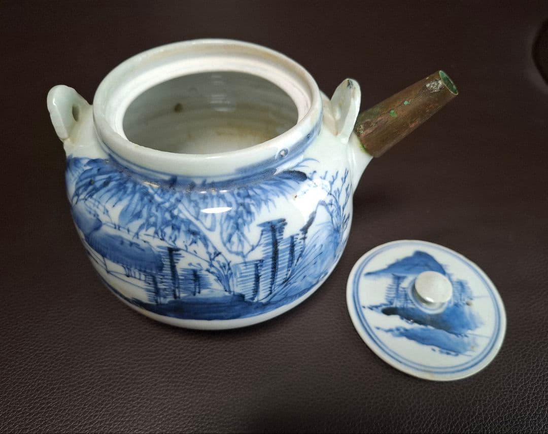 幕末　仙台藩御用窯　切込焼　染付山水文急須　希少