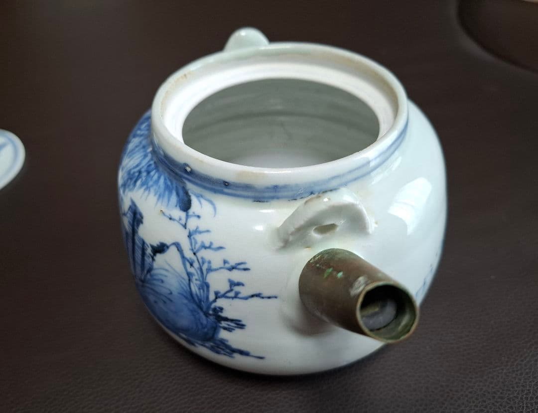 幕末　仙台藩御用窯　切込焼　染付山水文急須　希少