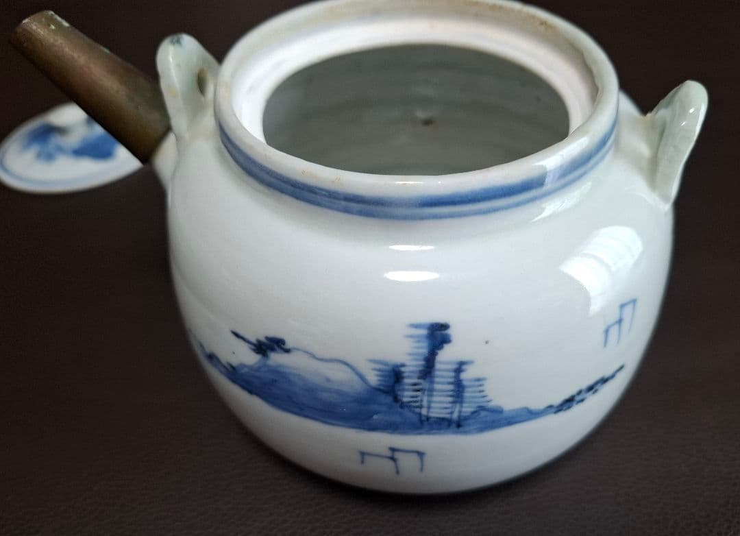 幕末　仙台藩御用窯　切込焼　染付山水文急須　希少