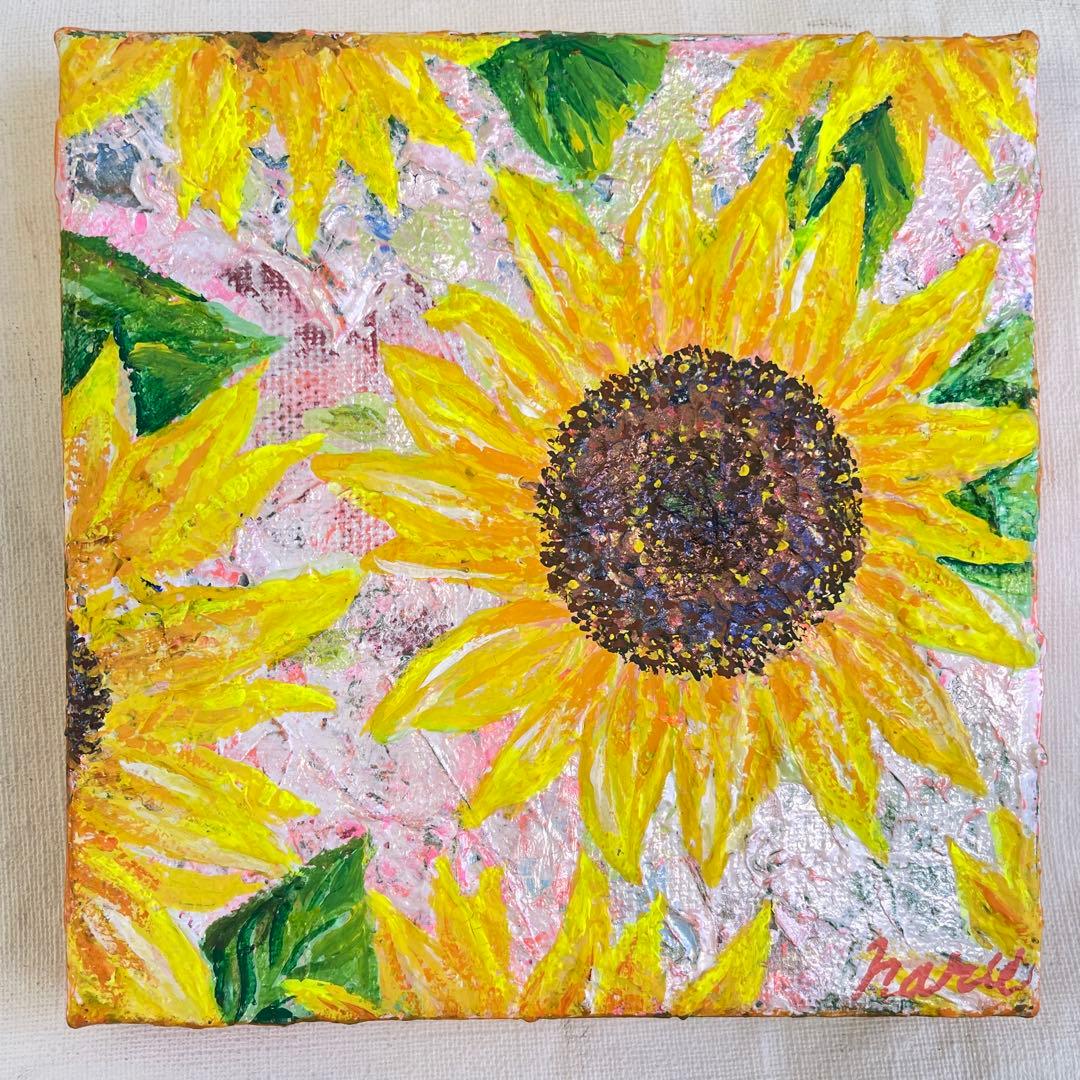 【原画 15×15cm】Sunlight in Pink: ひまわりの微笑み