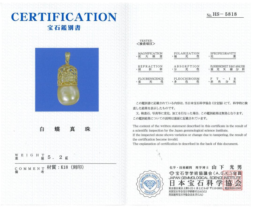 白蝶真珠18Kデザインペンダントトップ