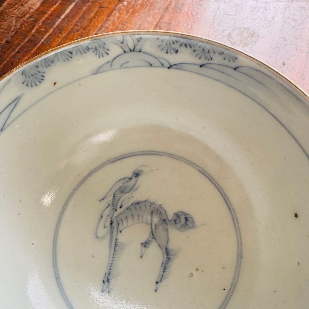 骨董皿　古伊万里　金彩色　絵蓋付ご飯茶碗2客　麒麟　江戸期　軍配文